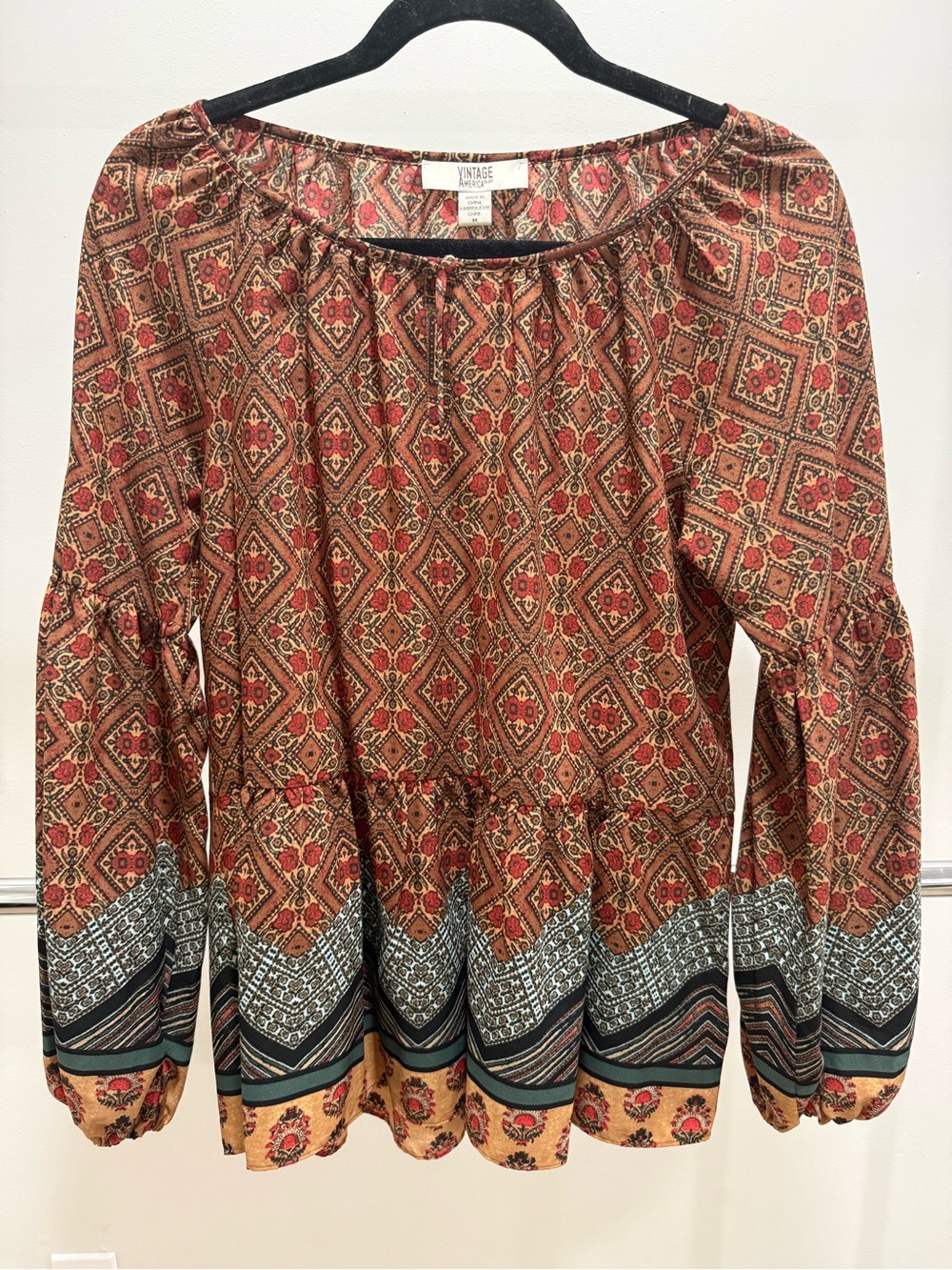 Vintage America Blues Boho Geometric Peplum Top Medium